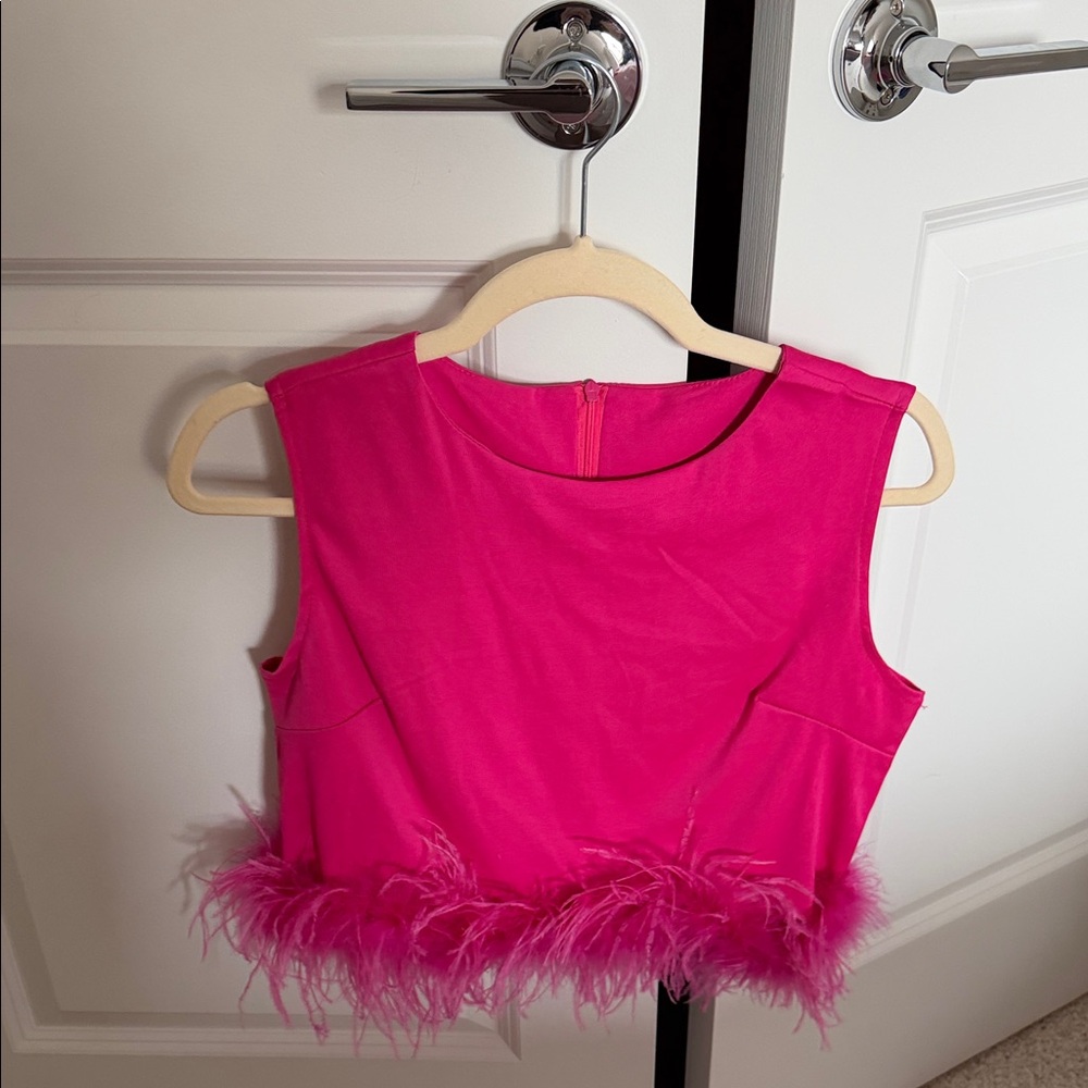Vibrant Pink Feather Trim Crop Top